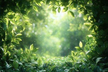 Sunlight filtering through lush green leaves in a tranquil forest setting during daytime