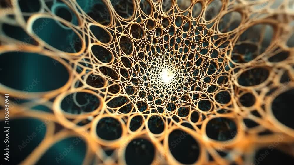 Poster a close-up view of a intricate, golden web-like pattern, spiraling inward towards a bright light