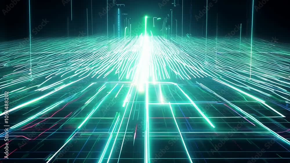 Poster timelapse of energy wave grid with pulsing neon lines