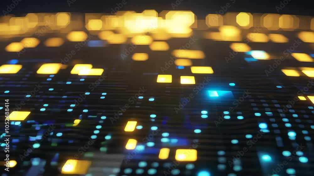 Poster macro view of flowing pixel web with blinking data pulses