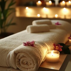 Relaxing spa setup with candles and towels arranged for a soothing massage experience