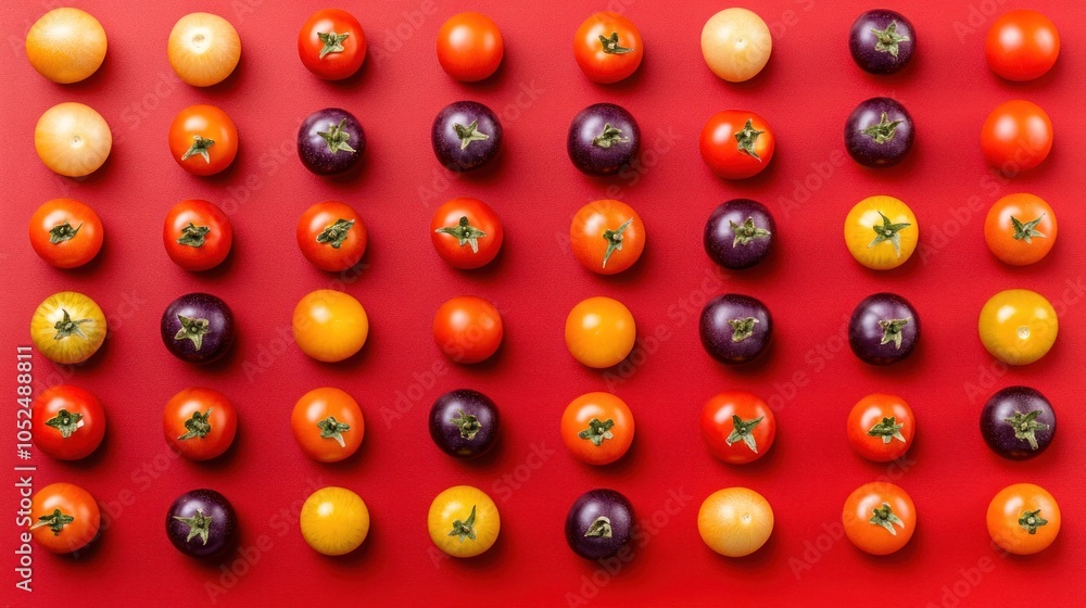 Poster colorful cherry tomatoes arranged in a grid pattern on a red background.