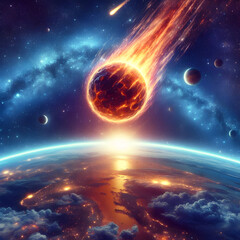 Fototapeta premium flame of fire falling out from planet into solar system 1