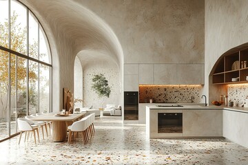 A spacious and bright open-plan kitchen and dining area with arched doorways, large windows, and a neutral color scheme.