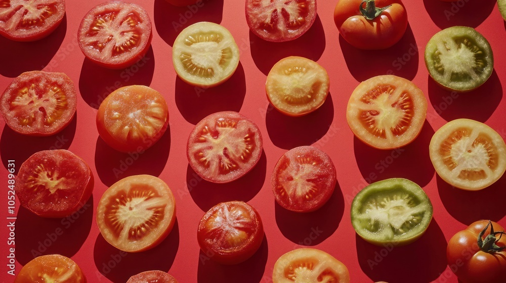 Poster freshly sliced red and green tomatoes arranged in a pattern on a red background.