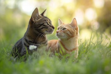 Fototapeta premium A tabby cat and a ginger cat share a peaceful moment sitting in a sunlit grassy field, enjoying the sunlight.
