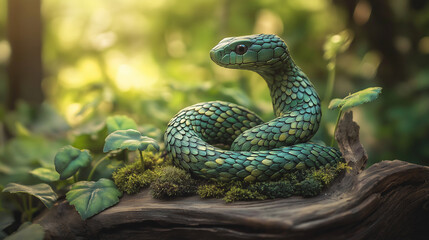 Obraz premium 2025 is the Year of the Green Wooden Snake. Intricately Carved Green Wooden Snake in Lush Forest – Detailed Scales and Realistic Wood Texture in Natural Leafy Surroundings with Playful Lighting Effect