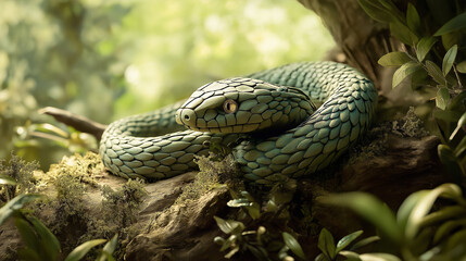 Fototapeta premium 2025 is the Year of the Green Wooden Snake. Intricately Carved Green Wooden Snake in Lush Forest – Detailed Scales and Realistic Wood Texture in Natural Leafy Surroundings with Playful Lighting Effect