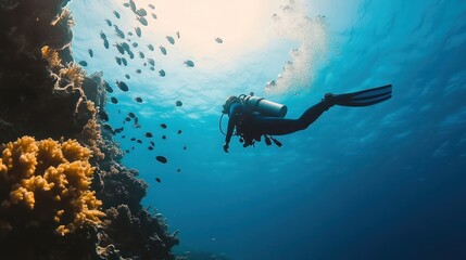 Obraz premium A scuba diver swims over a coral reef with a school of fish in the background.