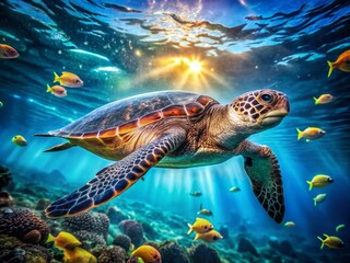 Obraz premium Stunning Long Exposure of a Large Leatherback Sea Turtle Gliding Through the Ocean Depths
