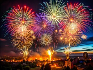 Obraz premium Stunning Low Light Composition with Fireworks Display Over Cityscape at Night