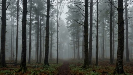 Obraz premium Foggy forest panorama on a misty day.