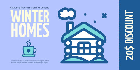 Obraz premium Winter Homes Ski Resort Concept Horizontal Invitation Placard Poster Banner Card Template. Vector illustration of Cottage