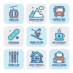 Alpine Skiing Resort Sign Color Thin Line Icon Concept Labels Set. Vector illustration of Mountain Express Bus, Snowboard and Winter Home