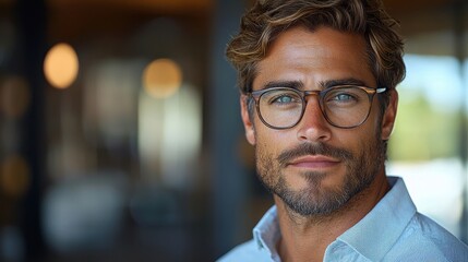 Professional man with stylish glasses and a confident expression in a modern indoor setting during the day