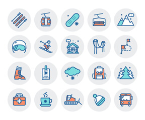 Ski Resort Sign Color Circles Thin Line Icon Set Include of Chalet, Snowmobile and Hat. Vector illustration of Icons