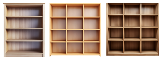 Modern wooden bookshelves with multiple sections for storage, isolated on transparent background, PNG