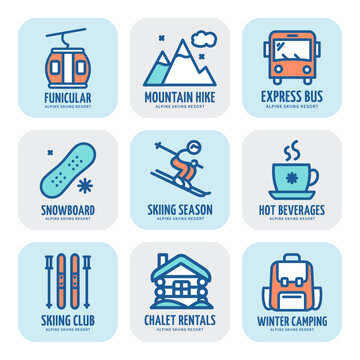 Alpine Skiing Resort Sign Color Thin Line Icon Concept Labels Set. Vector illustration of Mountain Express Bus, Snowboard and Winter Home