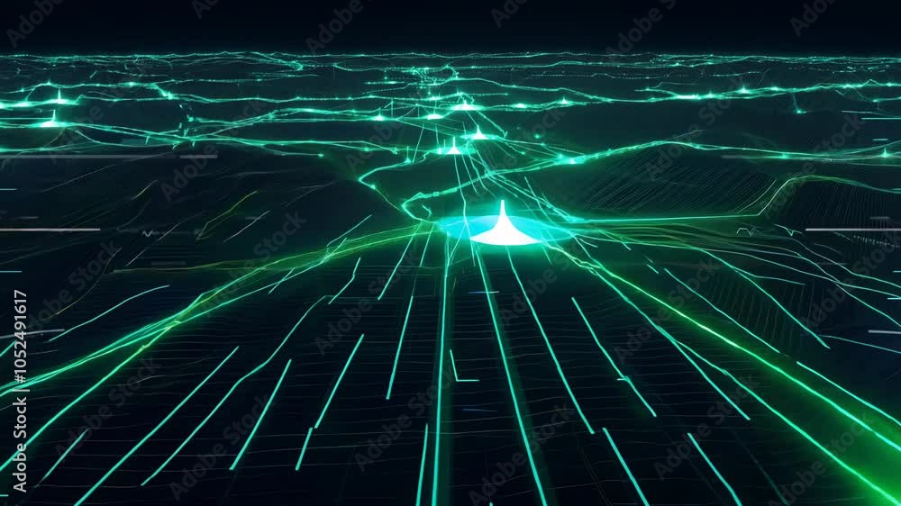 Poster dot ripple grid visualizing network traffic surges and data flow