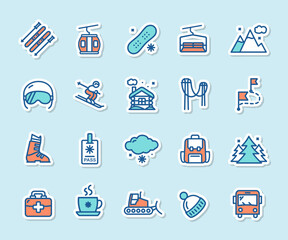 Ski Resort Sticker Color Thin Line Icon Set Include of Snowboard, Funicular and Bus. Vector illustration