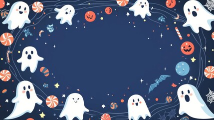 Playful ghosts with candy and Halloween elements on a dark background. Perfect for festive themes and spooky decorations.