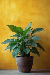 Tall green plant in stylish black pot against vibrant yellow wall in modern room setting