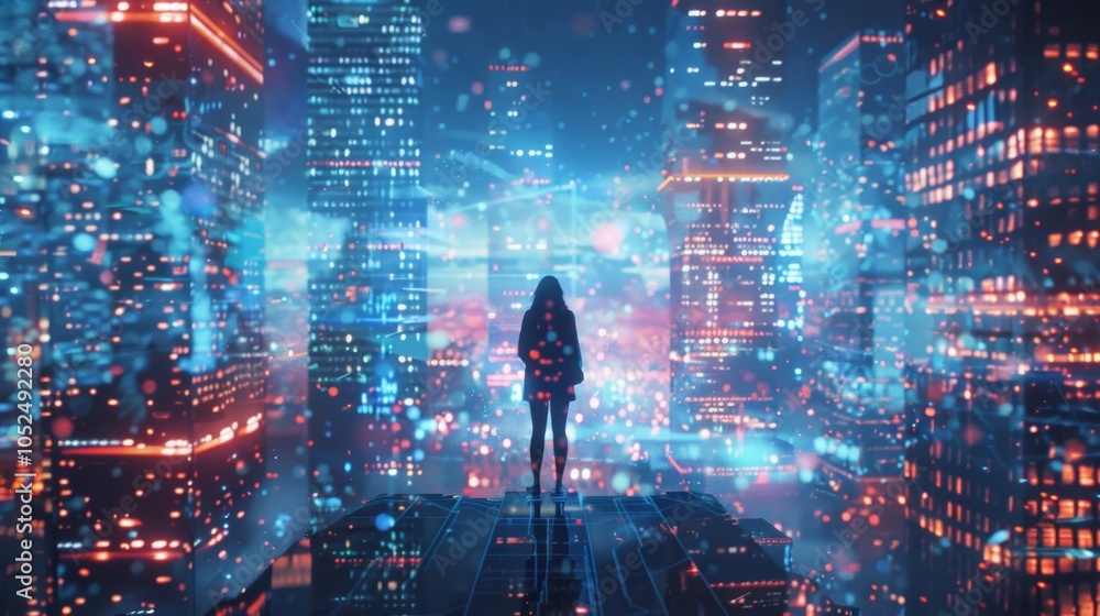 Poster a solo traveler explores a new city using an augmented reality app to access virtual tour guides pro