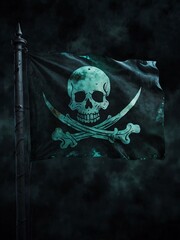 Fototapeta premium Ghostly pirate flag glowing in the dark with eerie winds, watercolor style.