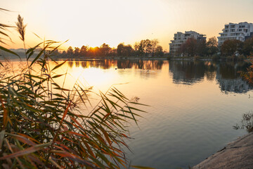 Obraz premium Romantic sunset on a lake. The sun is barely visible because of the silhouettes of the trees. Dawn on the lake, the sun comes out of the trees. autumn landscape in the evening.