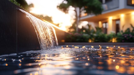 Close-up view of a modern water feature in a residential backyard with a sunset in the background.