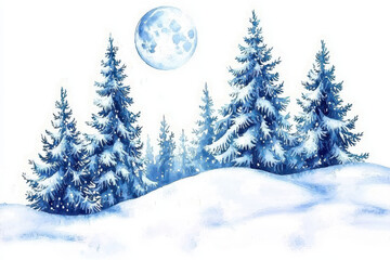 Obraz premium A serene winter landscape featuring snow-covered trees and a bright moon against a white backdrop.