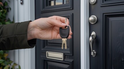 Naklejka premium Handling the keys to new residance house door background, Mortgages, Moving, New Location