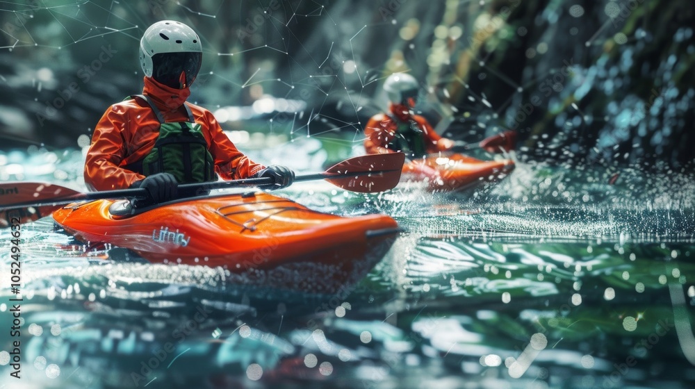 Poster two kayakers wearing helmets and protective gear are paddling down a river, with a digital overlay s