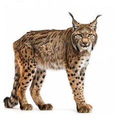 Obraz premium Eurasian lynx standing and looking at the camera on white background