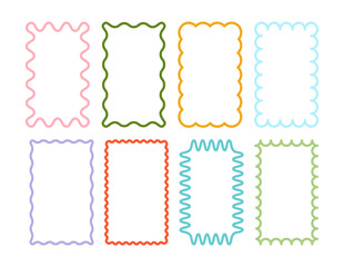 Set of colourfull retro frames with featuring curvy, squiggly, wavy designs. Scalloped edges with a wavy pattern. Adorable curved frames with retro-style wavy edges.	
