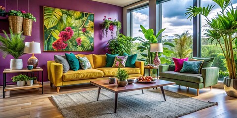 Obraz premium Stylish Living Room with Elegant Couch and Potted Plants for Modern Interior Design Inspiration