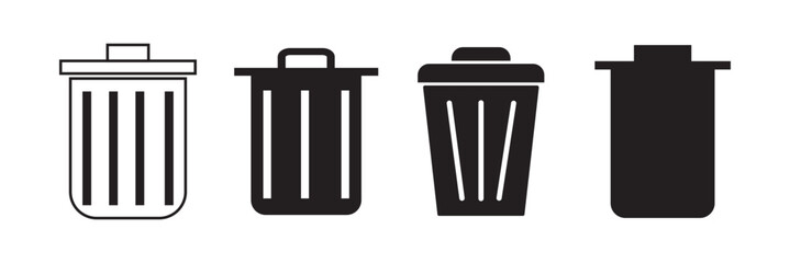 Trash bin icons set. Black vectors trash dustbin signs elements. Recyclable Waste flat vectors Designs isolated on transparent background. Waste sorting containers. Suitable for Web Page, Mobile App. 