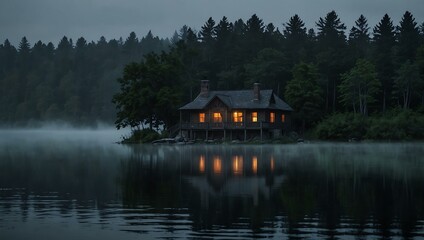 Naklejka premium Haunted lake house at dusk with eerie misty forest