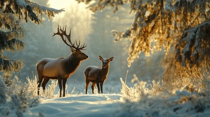 Obraz premium A majestic elk with large antlers stands next to a doe in a snowy forest, bathed in the golden light of the setting sun.
