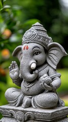 Fototapeta premium A gray stone statue of Ganesha, the Hindu god of wisdom and prosperity, is placed against a green, leafy background.
