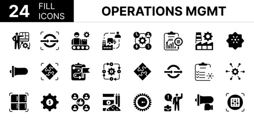 Collection of 24 Operations management fill icons featuring editable strokes. These outline icons depict various modes of Operations management, Efficiency, Operation, Process, Set, Document, Effecti