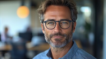 Obraz premium Professional man with glasses smiling confidently in a modern office environment during the afternoon