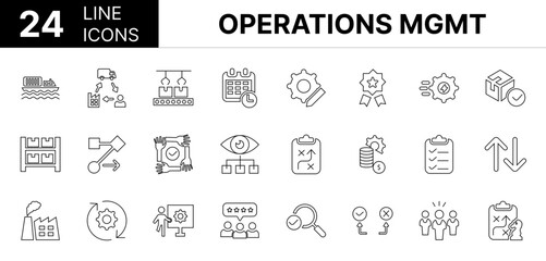 Collection of 24 Operations management line icons featuring editable strokes. These outline icons depict various modes of Operations management, process, production, operations, quality, supply, 