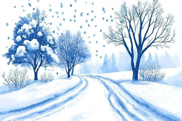 Obraz premium A serene winter landscape with snow-covered trees lining a snowy path, under a gentle snowfall, creating a peaceful atmosphere.
