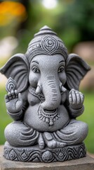 Fototapeta premium A gray stone statue of Ganesha, the Hindu god of wisdom, sits against a green background.