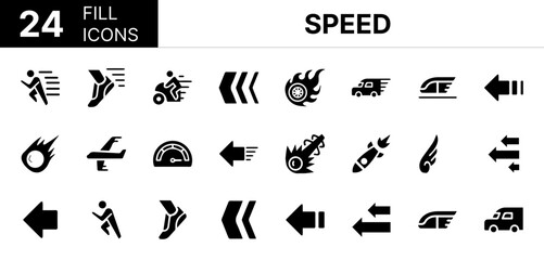 Collection of 24 Speed fill icons featuring editable strokes. These outline icons depict various modes of Speed, Symbol, Logo, Car, Turbo, Set, Arrow, Boost, Aero,