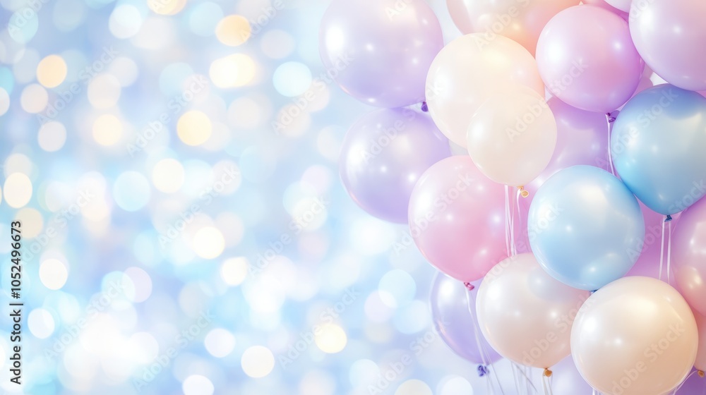 Poster a colorful celebration a beautiful array of soft pastel balloons against a dreamy background of boke
