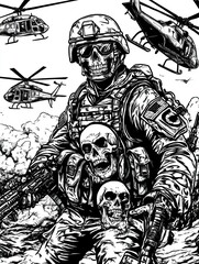 Fototapeta premium Create a design illustration depecting a military patch. Featuring A soldier holding with a skull head. Holding two heads of a terrorists, with a background of US flag and helicopters. generative ai