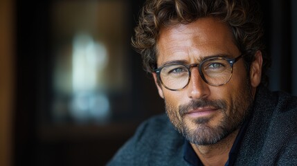 A man with curly hair and glasses poses confidently indoors with natural sunlight illuminating his features
