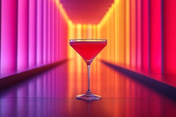 Pink martini cocktail in a stylish glass with neon nightlife ambiance